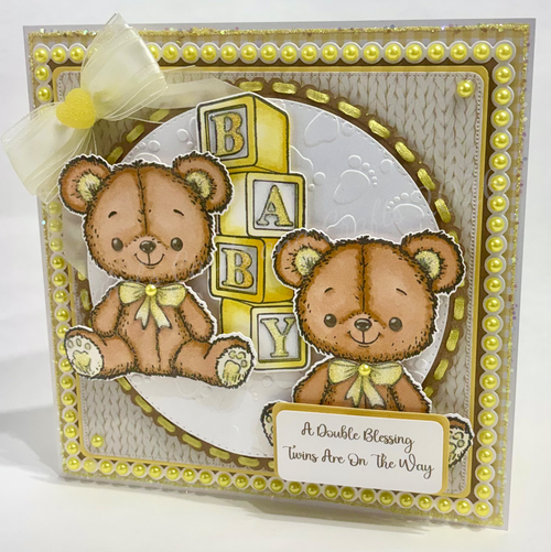 Luxury Handmade Twins Baby Teddy Card