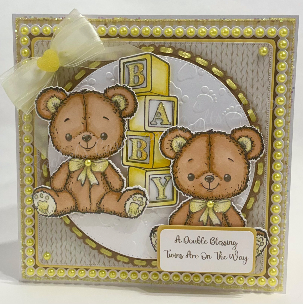 Luxury Handmade Twins Baby Teddy Card