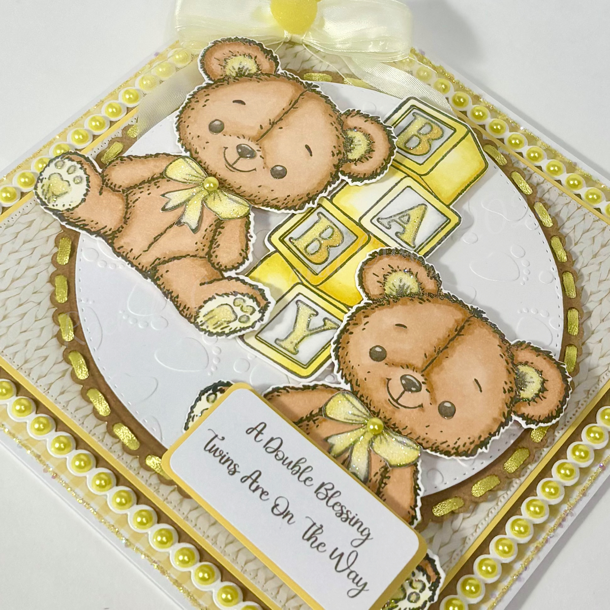 Luxury Handmade Twins Baby Teddy Card