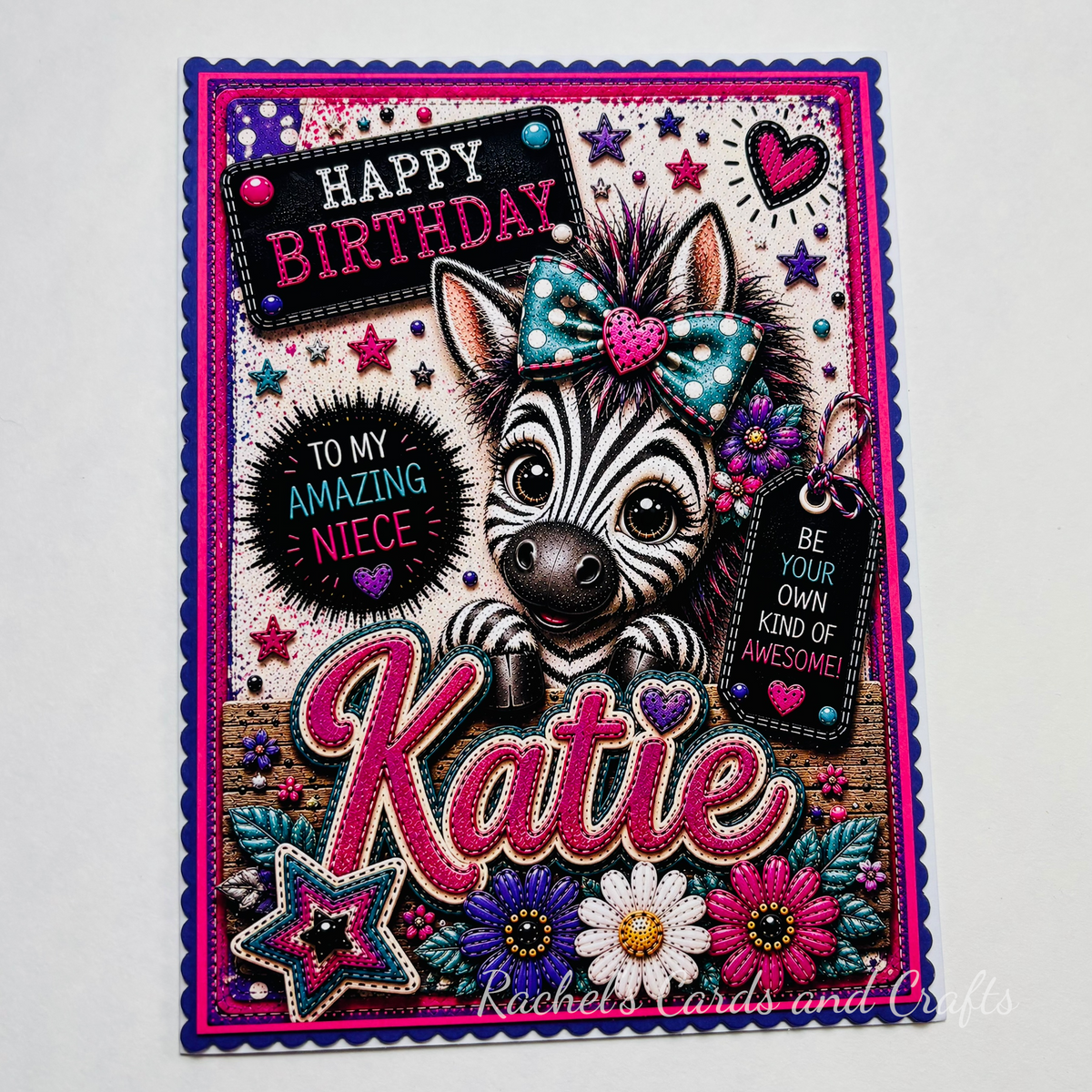 Personalised Quirky Zebra Birthday Card for Niece Katie - Ready to Post
