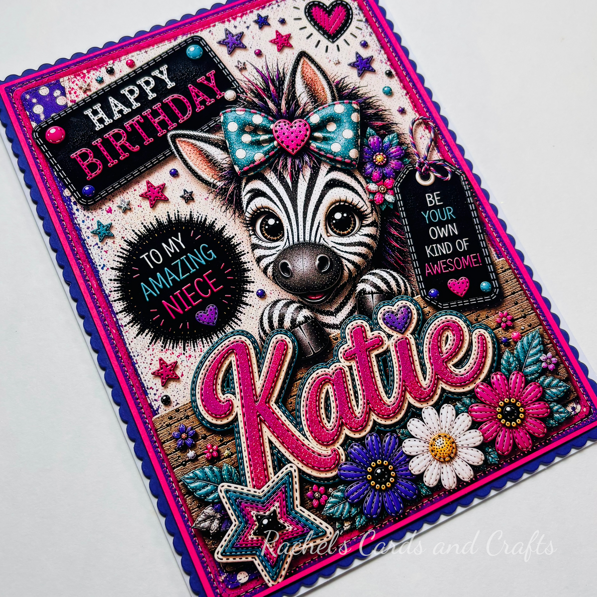 Personalised Quirky Zebra Birthday Card for Niece Katie - Ready to Post