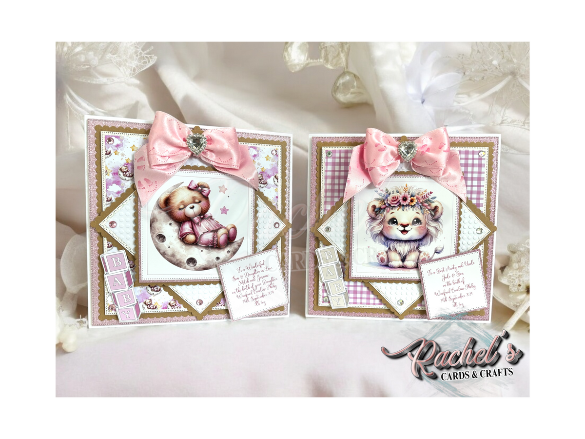 Personalised New Baby Card – Bear on Moon or Floral Lion – Handmade Luxury Baby Card